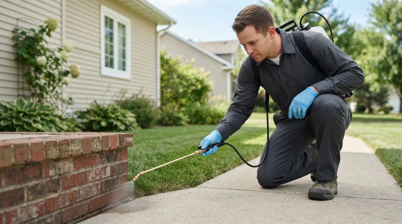Pest control technician treating a home near Marble City, OK