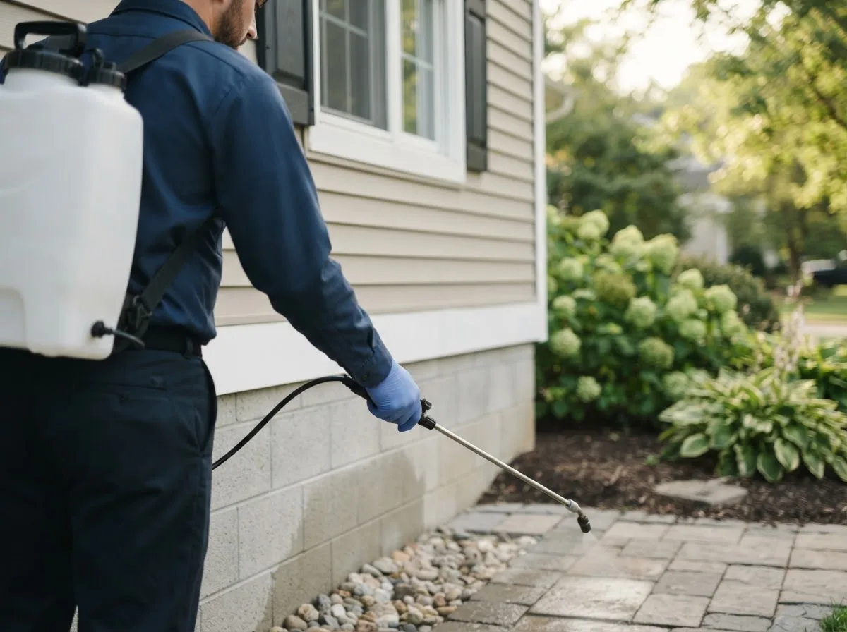 Pest control technician inspecting a home in Marble City, OK